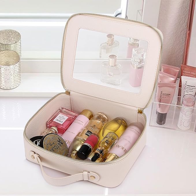 Clear Travel Makeup Bag with Brush Bag Portable Transparent Cosmetic Bag and Toiletry Bag Waterproof Clear Makeup Bag with Zipper Car Bag for Women (Beige, L+Slim)