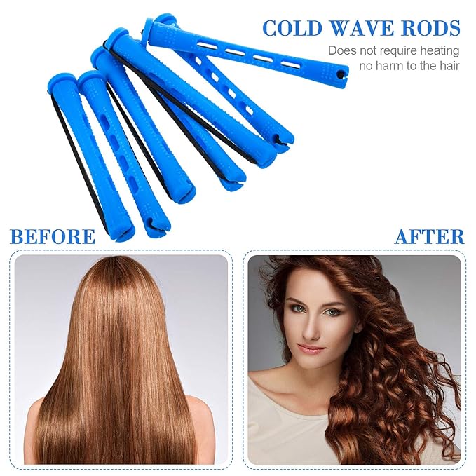 WILLBOND 96 Pcs Hair Perm Rods Plastic Cold Wave Perming Rod for Short Long Hair Curlers Heatless Roller with 2 Steel Pintail Rat Tail Comb for Hairdressing Styling Tool(0.35 Inch/ 0.9 cm,Blue)
