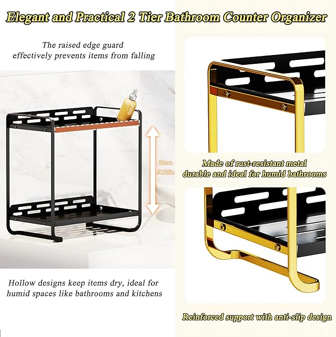 2-Tier Black Carbon Steel Bathroom Counter Organizer - Skincare Cosmetic Display Tray for Perfume, Makeup，Bathroom, Vanity Storage - Modern Countertop Organizer and Vanity Decor