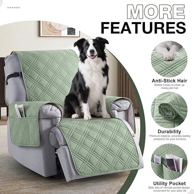TAOCOCO Waterproof Recliner Chair Covers 30 Inch Wide, Oversized Recliner Covers for Recliner Chair with Pocket, Recliner Slipcovers with Straps Furniture Protector for Kids Pets (30'', Sage Green)