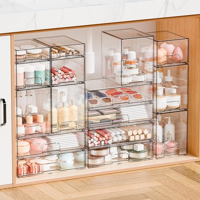 Yieach 12.1''W Clear Stackable Storage Drawers,2 Pack Acrylic Drawer Organizer for Hair Accessories,Makeup Organizers,Plastic Organizer Bins for Vanity,Bathroom,Cabinet,Desktop,Office Supply Organizer