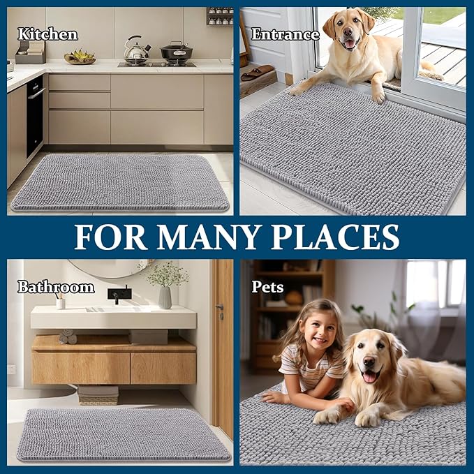 OLANLY Dog Door Mat for Muddy Paws 59x35, Absorbs Moisture and Dirt, Absorbent Non-Slip Washable Doormat, Quick Dry Chenille Mud Mat for Dogs, Entry Indoor Entryway Carpet for Inside Floor, Light Grey