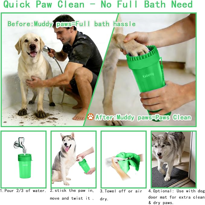 Dog Paw Cleaner Kit for L/XL Dogs - Quick Clean No Full Bath, 2-in-1 Paw Wash Cup with Detachable Silicone Brush Head, Includes Bath Brush & 3 Absorbent Towels, Green