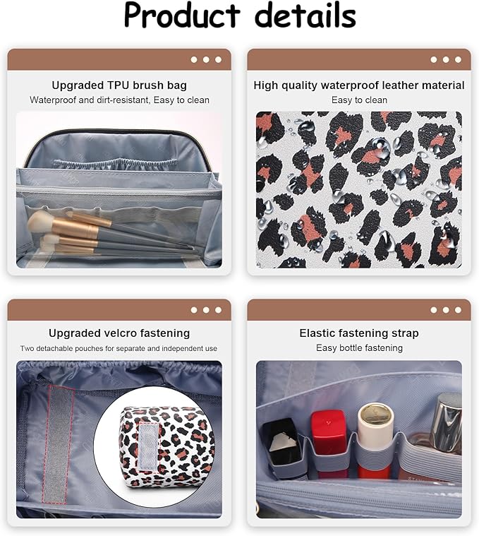 BOYATU Travel Makeup Bag for Women: 3 Pcs Set Portable Make up Bags with Handle - Leopard Print Cosmetic Bags with Comparments - Waterproof Vegan Leather Toiletry Bag (12-White)
