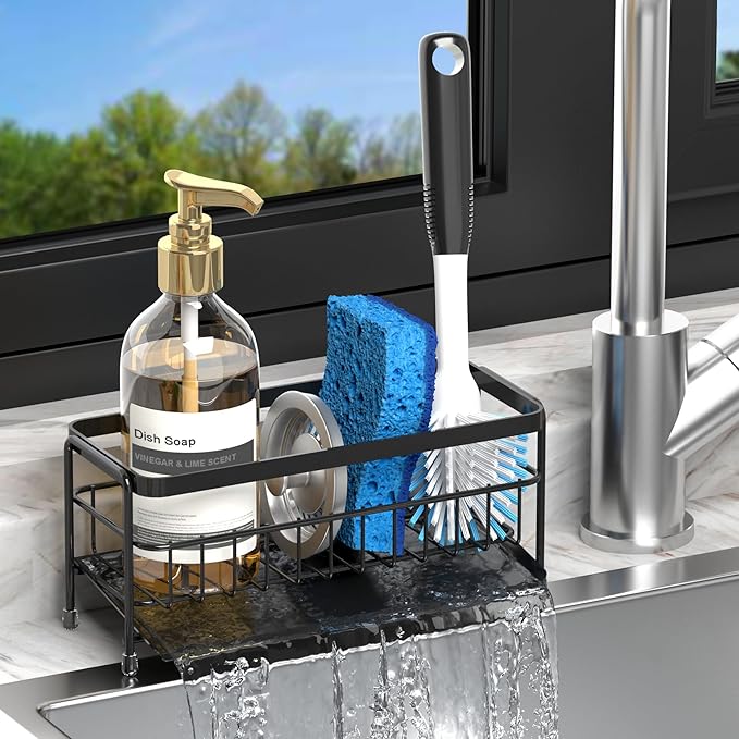 Trendy Quick-Dry Sink Caddy, Sponge Holder for Kitchen Sink with Self-Draining Metal Tray, Storage Organizer Rack for Sponge/Dish Soap/Gadgets, 2-Layer Rustproof Brush Holder for countertop - Black