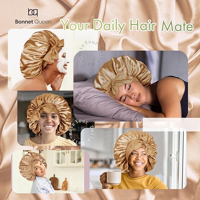 BONNET QUEEN Large Satin Silk Bonnet for Sleeping Women's Curly Hair - Big Night Sleep Cap Scarf Wrap with Tie Band - Yellow Gold