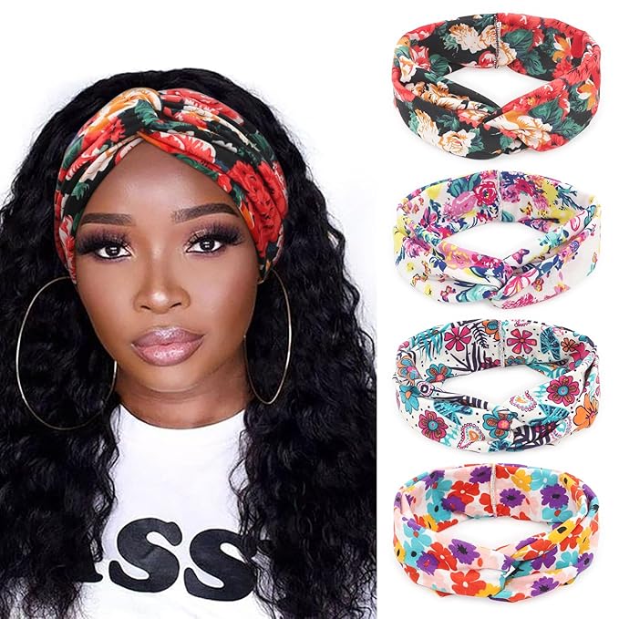 DRESHOW 4 Pack Boho Non-Slip Headbands for Women Girls Yoga Workout Running Knotted Turban Floral Elastic Head Wrap