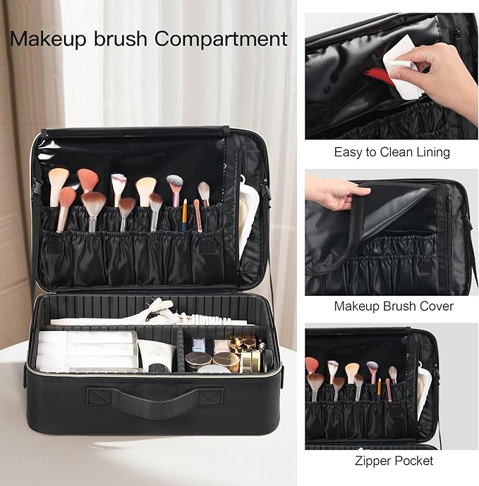 Makeup Travel Case, 16 Inch Makeup Artist Bag with Compartment and Dividers, Portable Cosmetic Bag for Women with Brush Storage Sturdy Dual Zip Closure, Waterproof, Durable, Gift for Her, Black