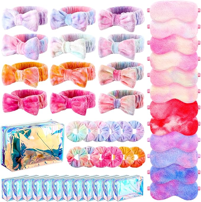Kajaia 48 Pcs Sleepover Party Supplies for Girls Spa Part Favor Slumber Party Supplies for Women Headband Eye Mask Hair Scrunchies Toiletry Bag