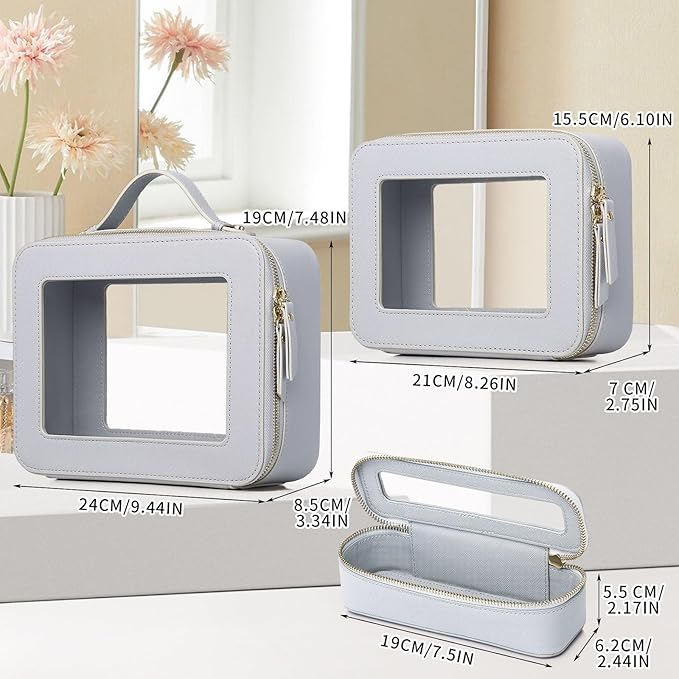 Travel Makeup Set Waterproof Transparent Cosmetic Bag and Toiletry Bag Makeup Brush case with Zipper Car Essentials for Women (Gray, L+M+SLIM)