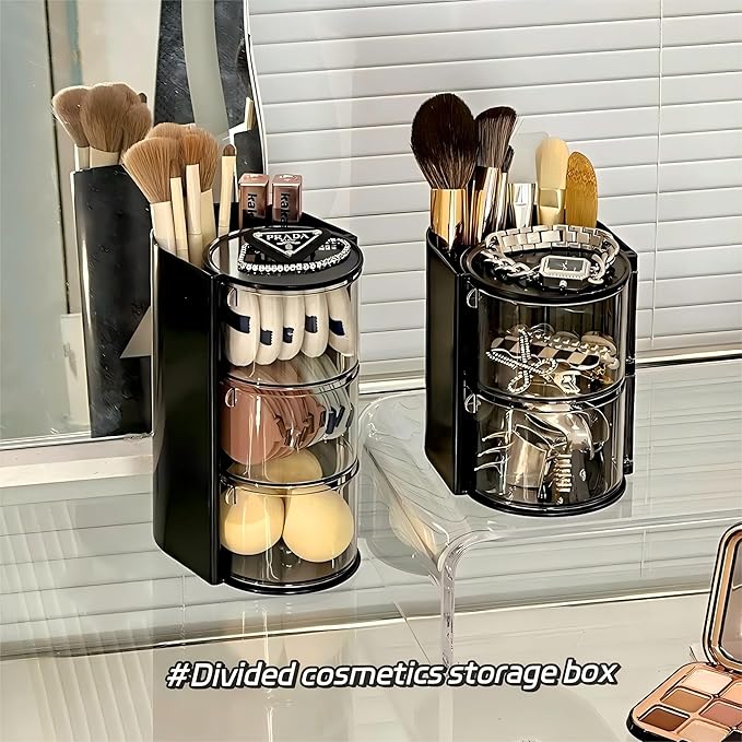 Hair Accessories Organizer with Hair Brush Holder, Rotatable Makeup Brush Holder for Necklaces, Earring, Bracelet, Ring, Makeup Brushes, Hair Clip and Hair Accessories (Black, 2-Layer)