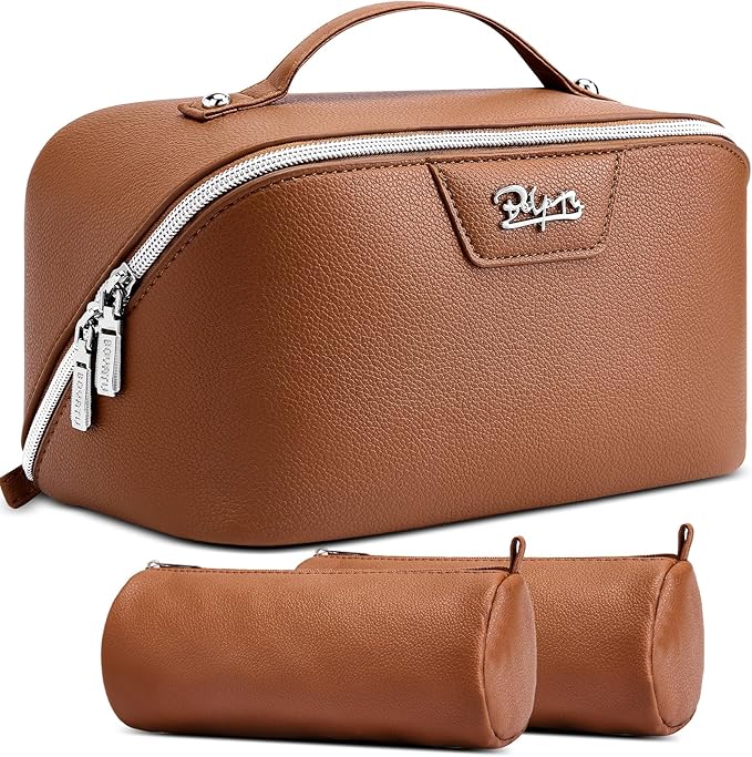 BOYATU Travel Makeup Bag Cosmetic Bags for Women: Large Capacity 3 Pcs Set Make up Bag with Compartments - Waterproof Vegan Leather Toiletry Organizer Bags with Handle (N-66Brown)