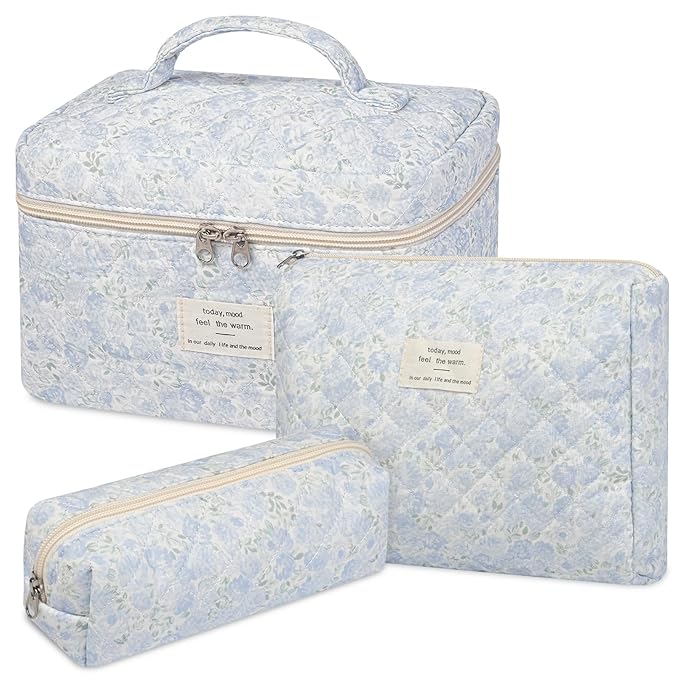 senbowe Floral Makeup Bag, 3 Pack Large Cotton Quilted Makeup Bag Set, Cute Floral Coquette Aesthetic Toiletry Bag Make Up Cosmetic Bag for Women, Toiletry Travel Make Up Organizer Bag