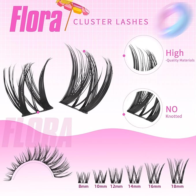 Geeneiya FLORA Lashes Clusters Kit DIY Lash Extension, 8-18MM Wispy Lash Clusters, Ultra-thin Band Eyelash Extension Kit with Waterproof Black Lash Bond and Seal, Lash Remover, Tweezers for Beginners