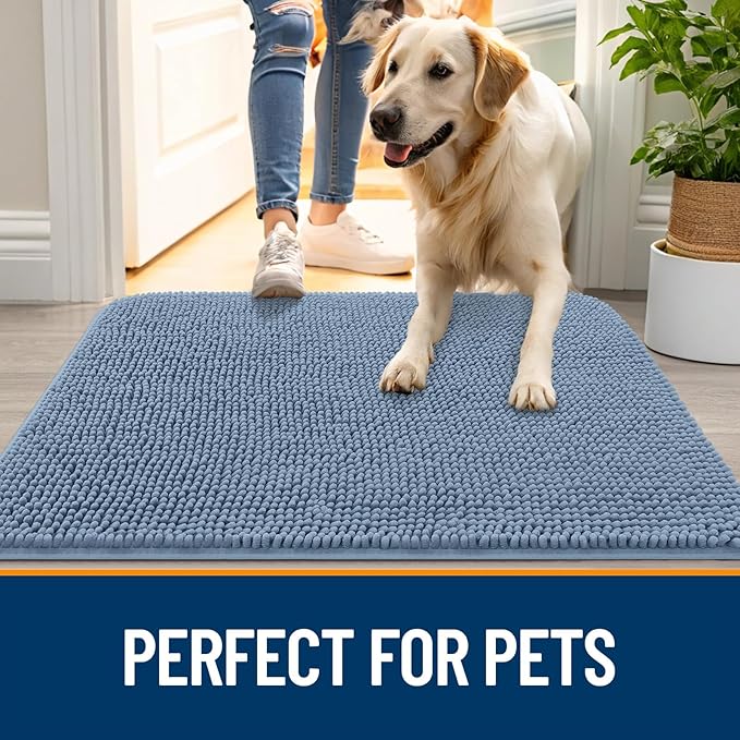 OLANLY Dog Door Mat for Muddy Paws 45x27, Absorbs Moisture and Dirt, Absorbent Non-Slip Washable Doormat, Quick Dry Chenille Mud Mat for Dogs, Entry Indoor Entryway Carpet for Inside Floor, Airy Blue