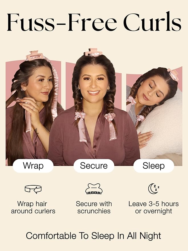 Lily England Heatless Hair Curlers to Sleep In - No Heat Curling Gift Set Includes Satin Headband, Hair Clip, Comb & 2 Scrunchies - Sleek & Smooth Overnight Curls (Pink, 5 Pack)