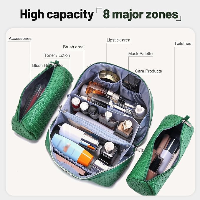 BOYATU Travel Makeup Bag Cosmetic Bags for Women: Large Capacity 3 Pcs Set Make up Bag with Compartments - Waterproof Vegan Leather Toiletry Organizer Bags with Handle (L12 Green)