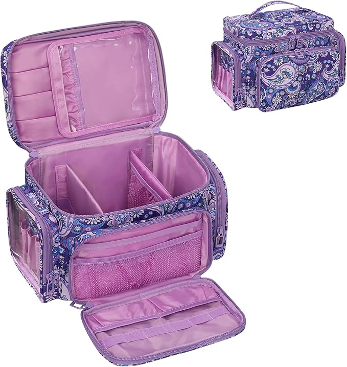 Large Makeup Bag, Portable Travel Makeup Bag Organizer for Women Girls with Makeup Brush Compartment & Two Side Pockets, Cosmetic Travel Bag Vertical Storage Toiletry - Purple