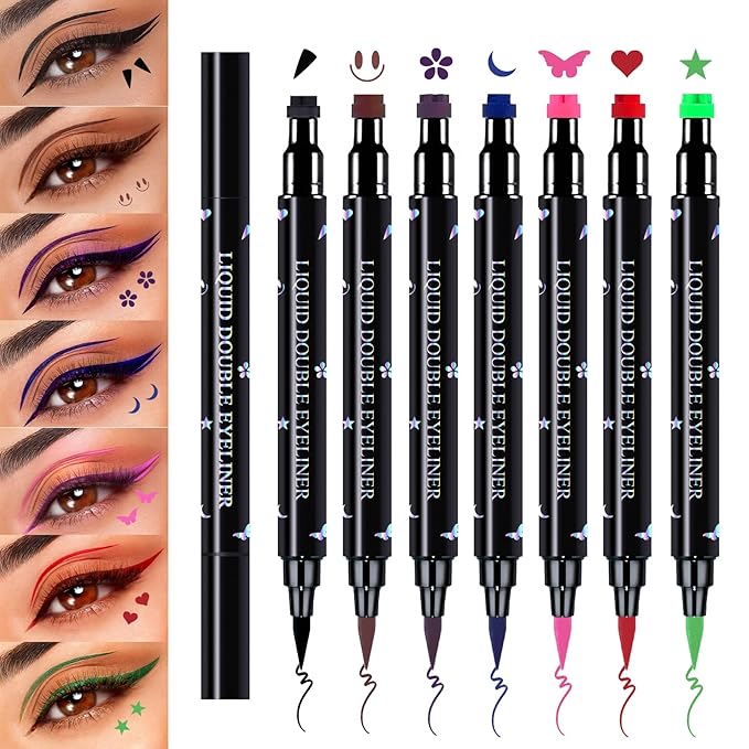 7 Colors Double-headed Eyeliner Stamps Pencil Set, Face Stamp Liquid Winged Eyeliner Stamp Pen Waterproof Smudgeproof Eye Liner Stamp for Eye Makeup