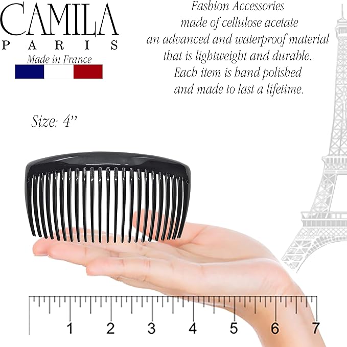 Camila Paris French Side Combs Large 2 Colors Each Curved French Twist Hair Combs Decorative, Strong Hold Hair Clips for Women Bun Chignon Up-Do, No Slip Styling Girls Hair Accessories, Made in France
