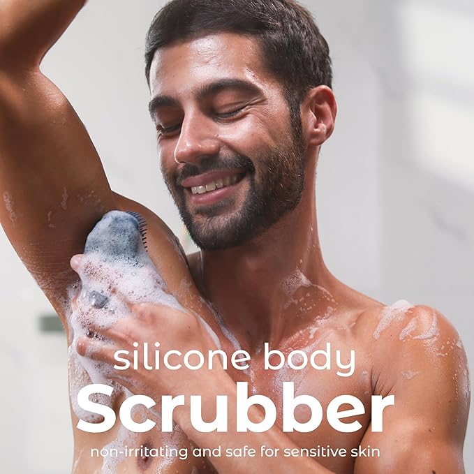 MainBasics Silicone Body Scrubber Dual-Sided Shower Loofah and Exfoliator (Dark Blue, Exfoliate)