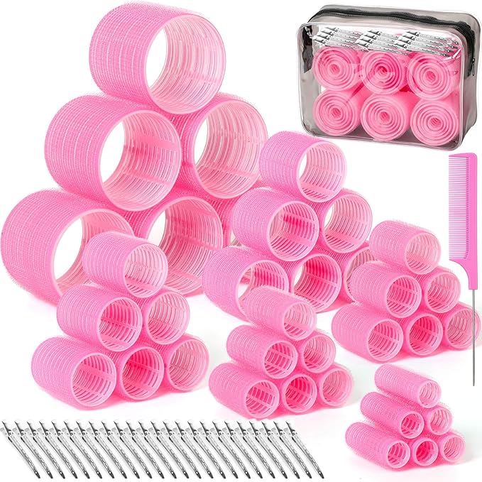 6 Size Hair Rollers for Women, 62 Pcs Rollers Hair Curlers for Long Medium Short Hair, Large Medium Small Self Grip Hair Rollers with 36 Rollers 24 Stainless steel Clips 1 Storage Bag
