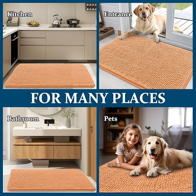 OLANLY Dog Door Mat for Muddy Paws 54x32, Absorbs Moisture and Dirt, Absorbent Non-Slip Washable Doormat, Quick Dry Chenille Mud Mat for Dogs, Entry Indoor Entryway Carpet for Inside Floor, Orange