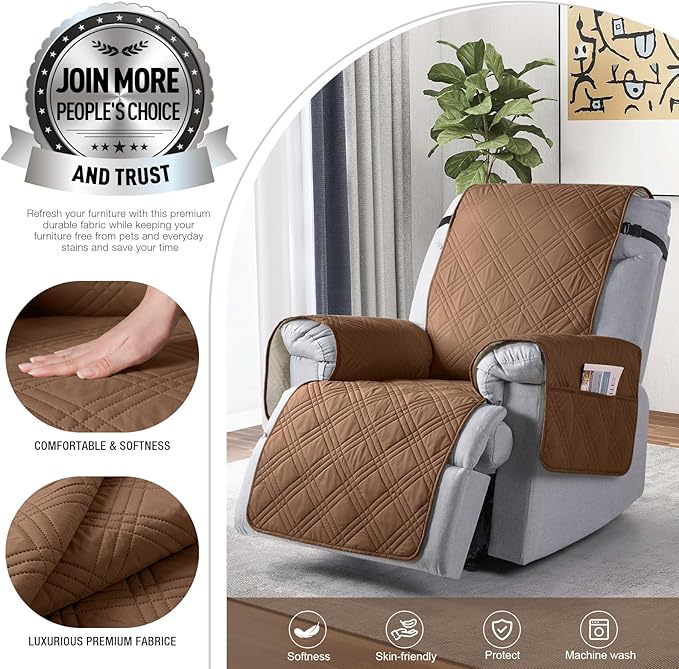 TAOCOCO 100% Waterproof Recliner Chair Cover, Non Slip Recliner Covers for Recliner Chair with Pocket, Washable Reclining Chair Cover Furniture Protector for Kids,Dogs(23.6'', Brown)