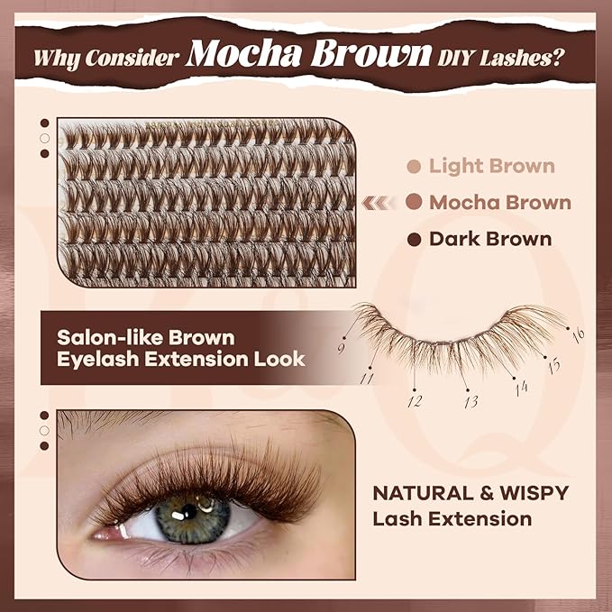 B&Q Mocha Brown Lash Clusters Kit | 280 Pcs Brown Wispy & Natural Eyelash Clusters for Beginner DIY, Complete Lash Extension Kit with Bond and Seal, Fake Eyelashes for Natural Look（40D+50D 9-16mm)