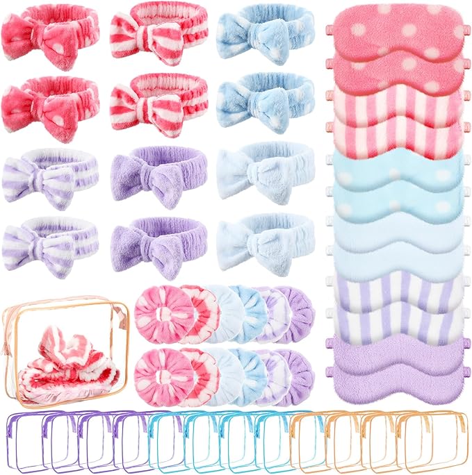 Kajaia 48 Pcs Sleepover Party Supplies for Girls Spa Part Favor Slumber Party Supplies for Women Headband Eye Mask Hair Scrunchies Toiletry Bag