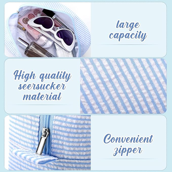 Sanwuta 9 Seersucker Cosmetic Bag Bulk Pinstripe Makeup Bag for Women Aesthetic Cute Travel Toiletry Organizer Preppy Storage Pouch for Wedding Bridesmaid Christmas Gift (Large,Blue)