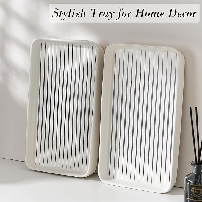 Pottify Bathroom Vanity Tray for Countertop,2PC Rectangle Striped Tray,Decorative Bathroom Organizer for Scrubber, Lotion Bottles, Perfume, Jewelry, Candle, Key Trinket Ring(Large,White)
