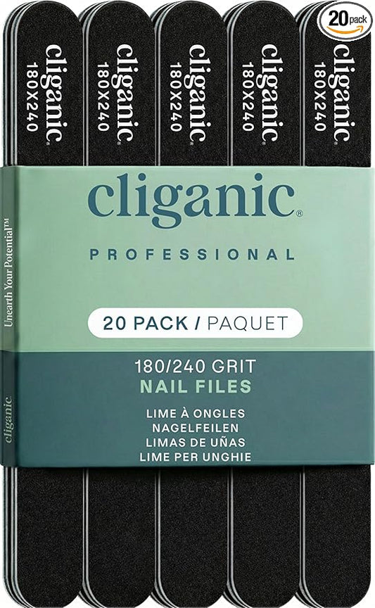 Cliganic 20 Pack Nail File Set: 180/240 Grit | Professional Emery Boards for Natural, Gel & Acrylic Nails | Washable Double Sided Kit 20 Count (Pack of 1)