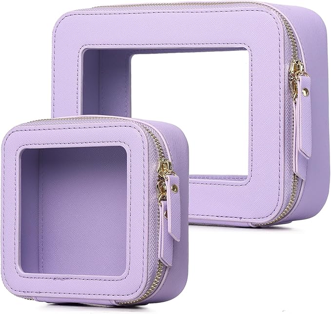 Clear Makeup Bag Set Travel Cosmetic Bag and Toiletry Bag Women's Purse Pouch Cosmetic Stroage Organizer Case with Zipper Car Essentials (Purple, M+Mini)