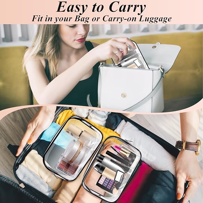 16 PCS Clear Makeup Bags,Clear Toiletry Bags TSA Approved,Waterproof Clear Cosmetic Bags,PVC Travel Bag with Zipper,Portable Transparent Cosmetic Pouches for Women Men Vacation(Black,Medium)