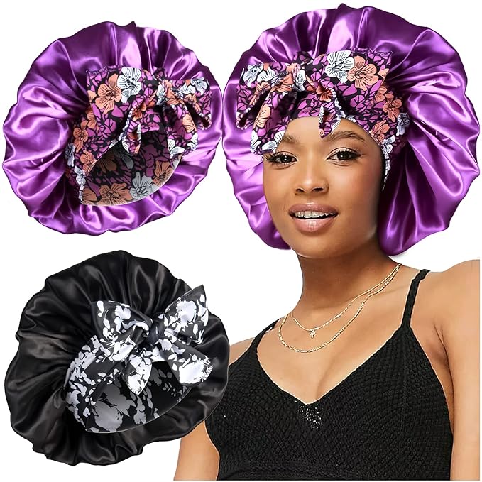 2pcs Large Silky Bonnets with tie Band Braid Bonnet, Satin Bonnet for Sleeping Curly Hair, E