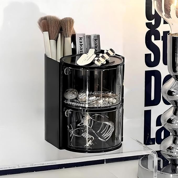 Hair Accessories Organizer with Hair Brush Holder, Rotatable Makeup Brush Holder for Necklaces, Earring, Bracelet, Ring, Makeup Brushes, Hair Clip and Hair Accessories (Black, 2-Layer)