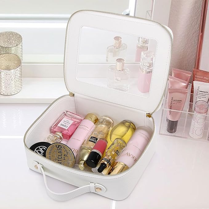 Travel Makeup Bag with Brush Case Portable Transparent Cosmetic Bag and Toiletry Bag Waterproof Makeup Organizer with Zipper Car Essential for Women (White, L+Slim)