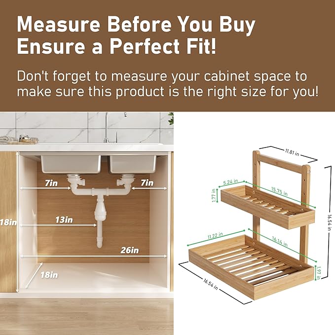 Bamboo Under Sink Organizer and Storage, 2 Tier Pull Out Cabinet Organizer, Slide Out Under Sink Storage Shelf, Undersink Organizers Shelves for Kitchen Bathroom Organization