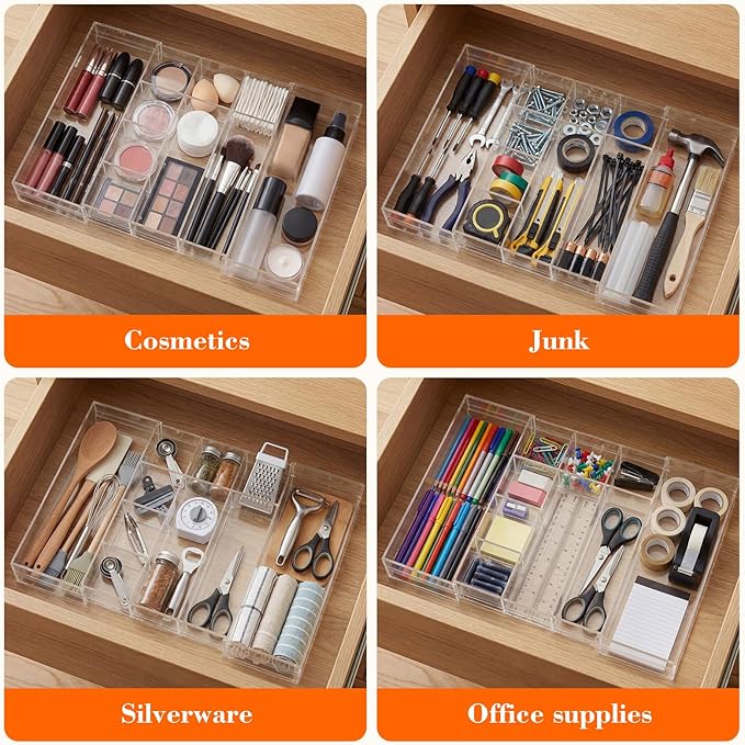 1 PC Acrylic Desk Drawer Organizer 2 Inch Height Expandable Drawer Organizer Trays with 10 Adjustable Compartments Desk Accessories for Makeup Silverware Office Bathroom(Clear, Elegant)