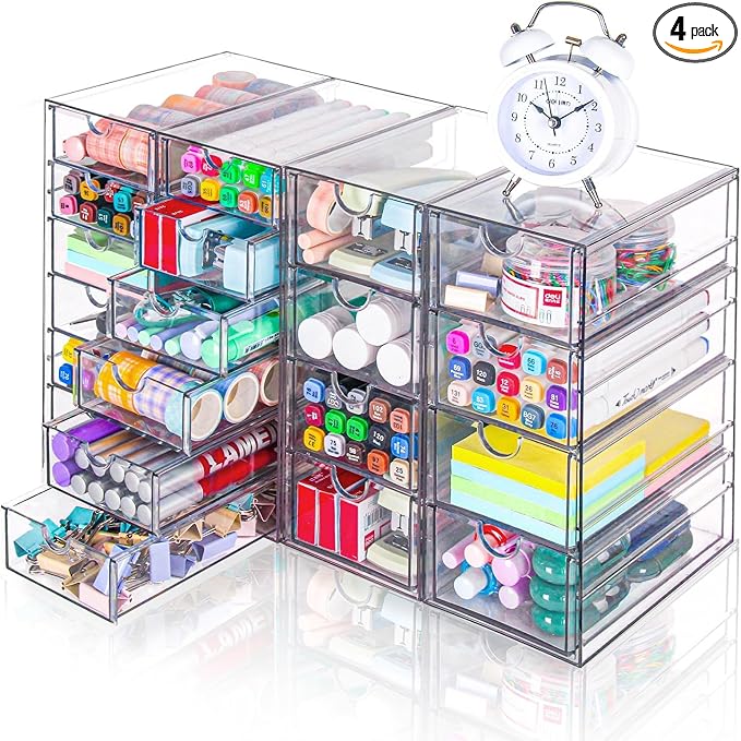 VZKAH Acrylic Organizer with Drawers | 20 Drawers 4 Sets | Desk Organizer and Storage, Clear Makeup Organization, For Office/Art Supply/Craft Storage and Organization