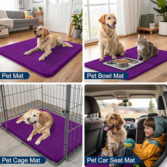 Smiry Dog Door Mat for Muddy Paws 47x24, Absorbs Moisture and Dirt Doormat, Non-Slip Washable Quick Dry Chenille Front Door Mat Indoor Entrance, Entryway Carpet for Inside Floor, Purple