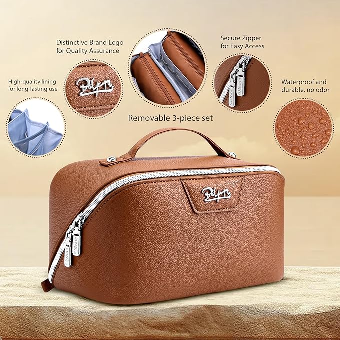 BOYATU Travel Makeup Bag Cosmetic Bags for Women: Large Capacity 3 Pcs Set Make up Bag with Compartments - Waterproof Vegan Leather Toiletry Organizer Bags with Handle (N-66Brown)