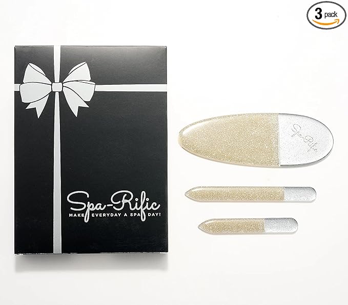 Spa-Rific 3pc Nano File Set: Professional Heavy Duty Glass Nail Files with Case Kit - Reusable Crystal Fingernail Manicure and Pedicure Tools for Men, Women, and Adults (Gold Shimmer)