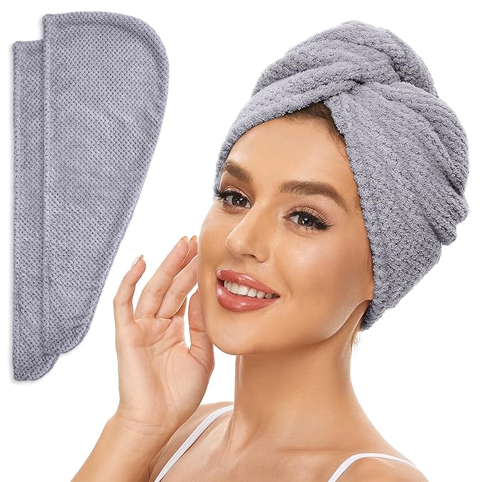 2 Pack Microfiber Hair Towel Wrap for Women, Anti Frizz Quick Drying Hair Turban for All Hair Style, Absorbent and Lightweight (Grey)