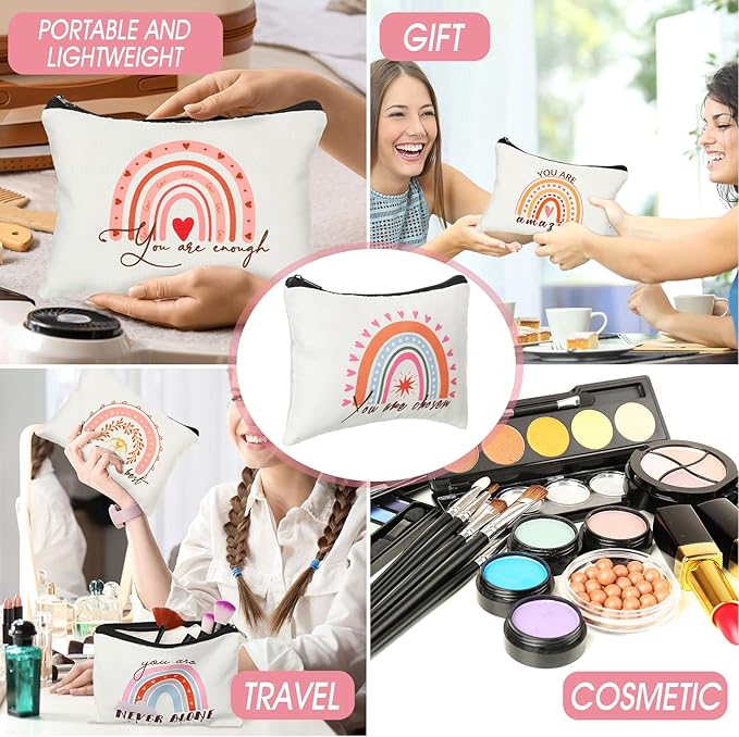 Pinkunn 16 Pcs Valentines Canvas Makeup Bags Bulk Inspirational Christian Women Religious Galentine Gifts Inspirational Bible Verse Pencil Pouch Makeup Bags with Zipper for Travel(Rainbow)