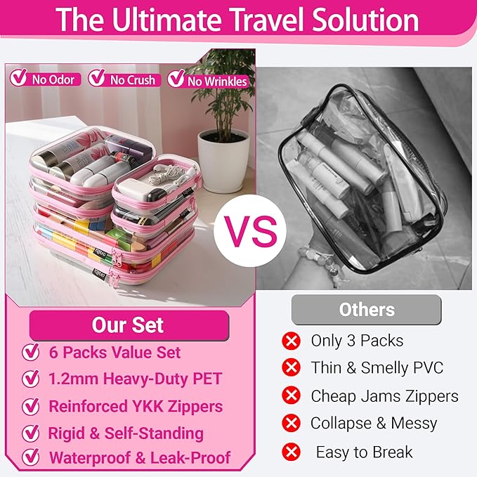 6 Pack Clear Hard Shell Zipper Case, See-Through Hard Plastic Organizer Pouches with Zipper for Travel, Toiletries, Makeup, Electronics & Pencils - Crush-Resistant Storage (Pink)
