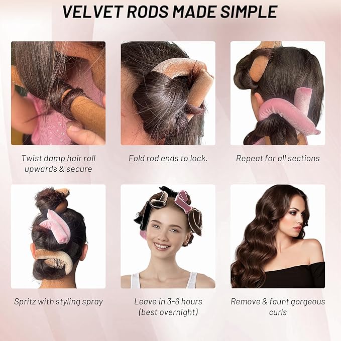 Heatless Hair Curler Overnight Curls, Heatless Curlers for Women, Soft Velvet Satin Flexi Rods Sleep for All Hair Types, No Heat Overnight Sleeping Curler Styling Tools (6 Pcs Mixed Color, 10 IN)
