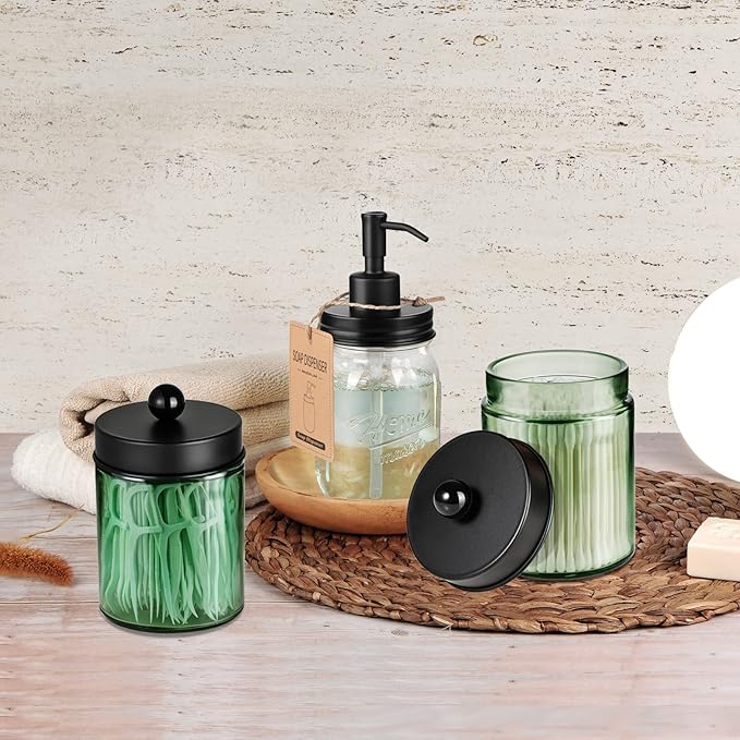 Amolliar Sage Green Qtip Holder, Glass Apothecary Jar Metal Lid & Stickers, Bathroom Qtip Dispenser Storage Canister, Perfect for Cotton Balls, Cotton Swabs, Round Pads, Bath Salt, Floss, Black 4 Pack