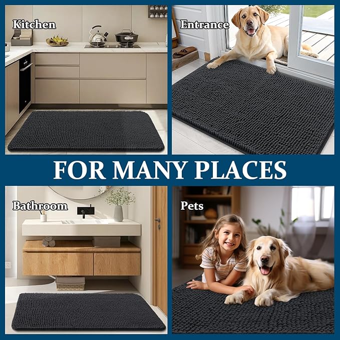 OLANLY Dog Door Mat for Muddy Paws 30x17, Absorbs Moisture and Dirt, Absorbent Non-Slip Washable Doormat, Quick Dry Chenille Mud Mat for Dogs, Entry Indoor Entryway Carpet for Inside Floor, Dark Grey